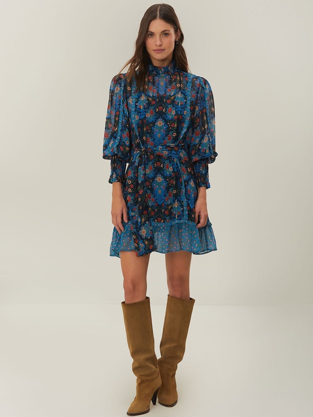 NWT FARM RIO Blue Arabesque Floral High Neck Mini Dress